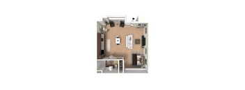 A floor plan of a small apartment with a kitchen, living room, and bathroom.