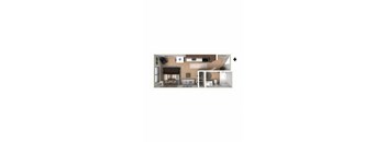 A floor plan of a house with a kitchen, living room, and two bedrooms.