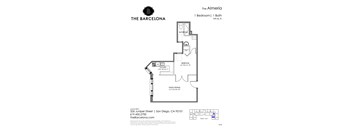 A floor plan for a property called The Almeria shows a single bedroom and bathroom layout.
