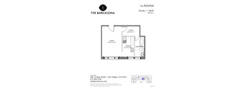 A floor plan for a studio apartment at The Barcelona in San Diego, CA.