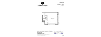 A floor plan for a studio apartment at The Barcelona in San Diego, CA.