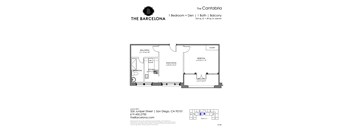 A floor plan for an apartment at The Barcelona shows a living room, bedroom, bathroom, and closet.