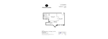 A floor plan for a one bedroom apartment with a bathroom, sleeping alcove, and kitchen.