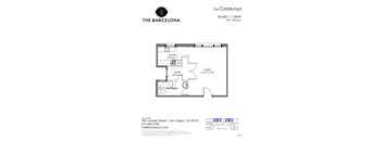 A floor plan for a studio apartment at The Barcelona in San Diego, CA.