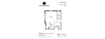 A floor plan for a studio apartment at The Barcelona in San Diego, CA.