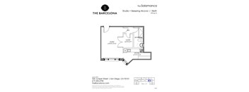 A floor plan for a studio apartment with a sleeping alcove.