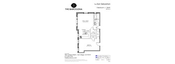 A floor plan for an apartment at The Barcelona shows a 1 bedroom, 1 bathroom layout.