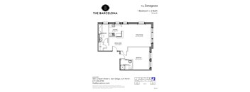 A floor plan for a one bedroom, two bathroom apartment.