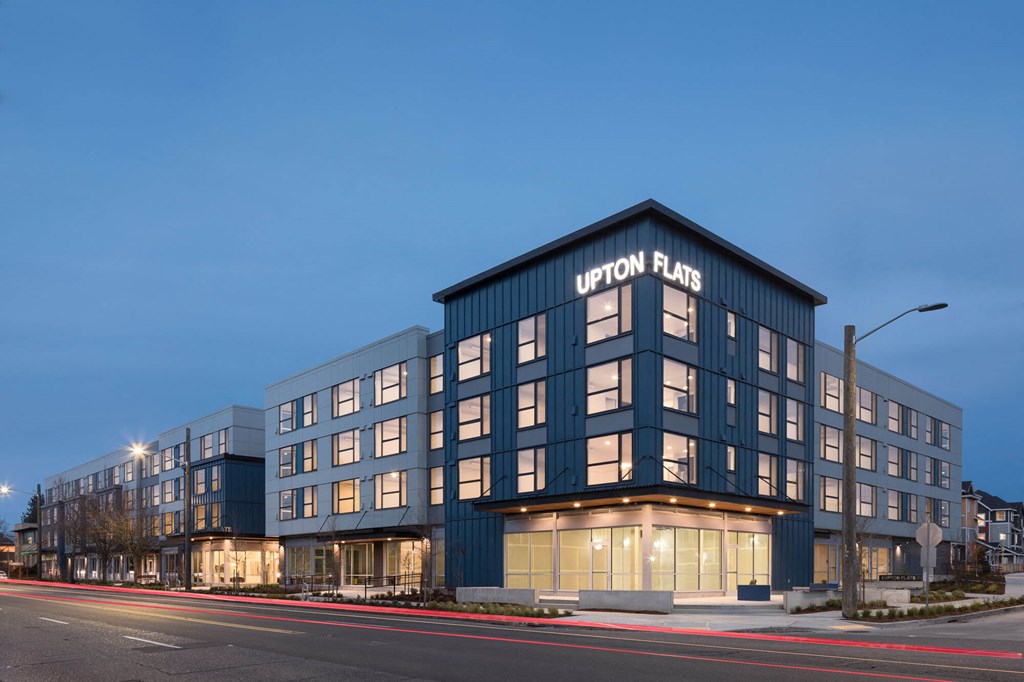 Building Exterior View In Night at Upton Flats, Seattle, WA, 98126