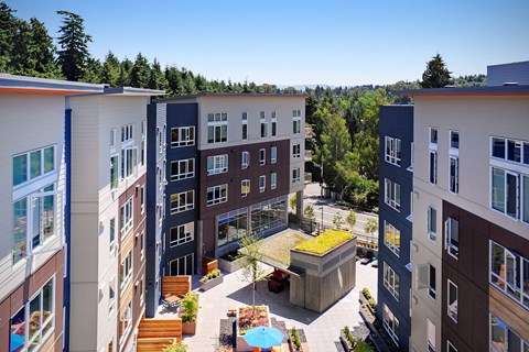 A view of a courtyard with a green roof and a pool surrounded by buildings. at Kirkland Crossing Apartments, Washington, 98033
