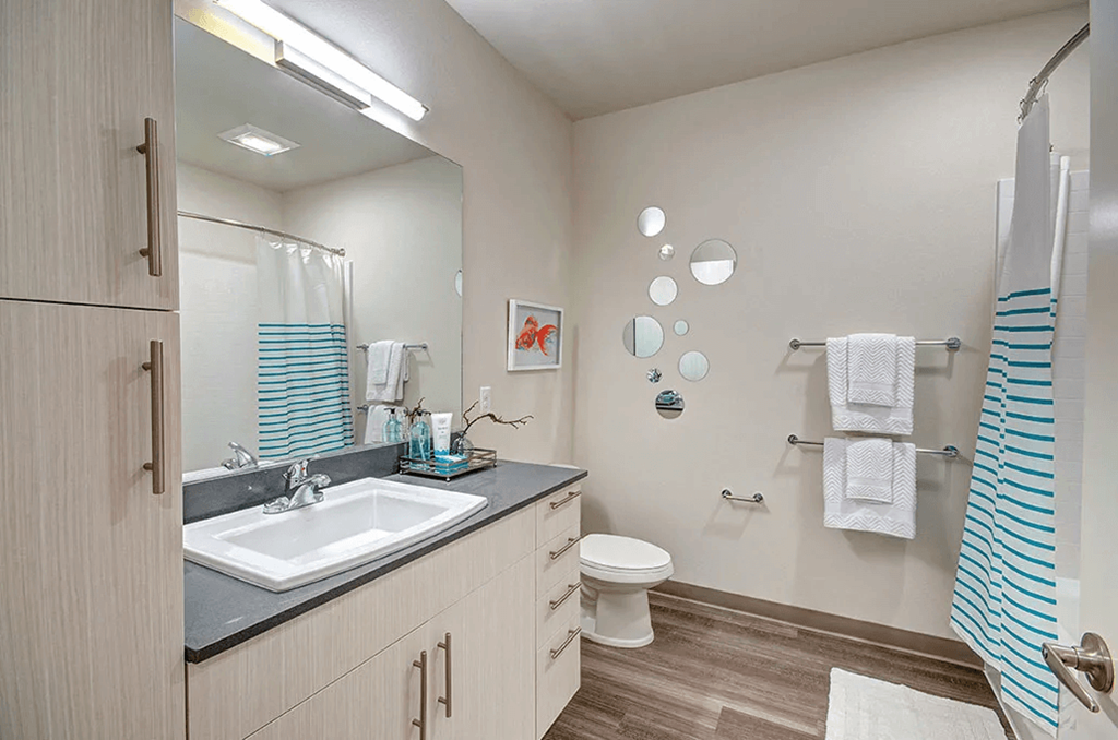 Bathroom With vanity Lights at Upton Flats, Seattle, Washington