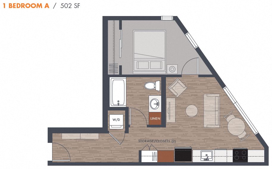 1 Bedroom Floor Plan at Metro Line Flats, Seattle, Washington