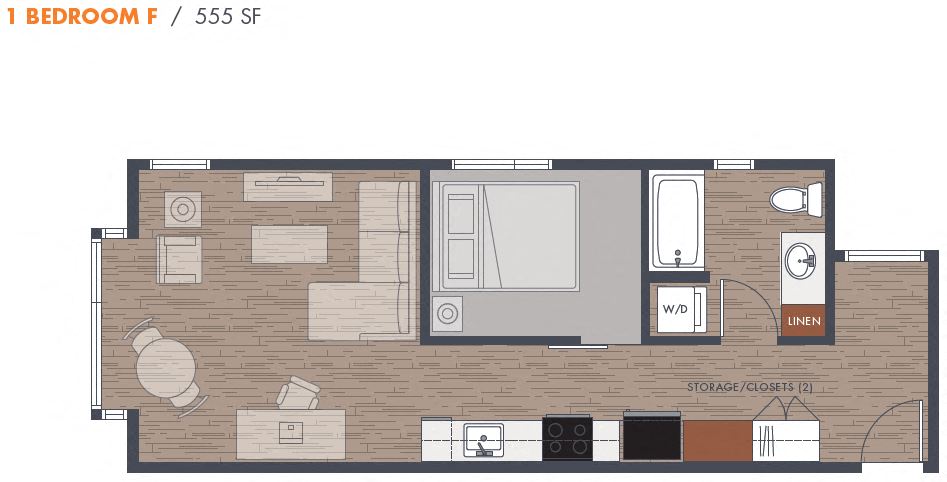 One bedroom floor plan with spacious living area at Metroline Flats Apartments, Seattle, Washington