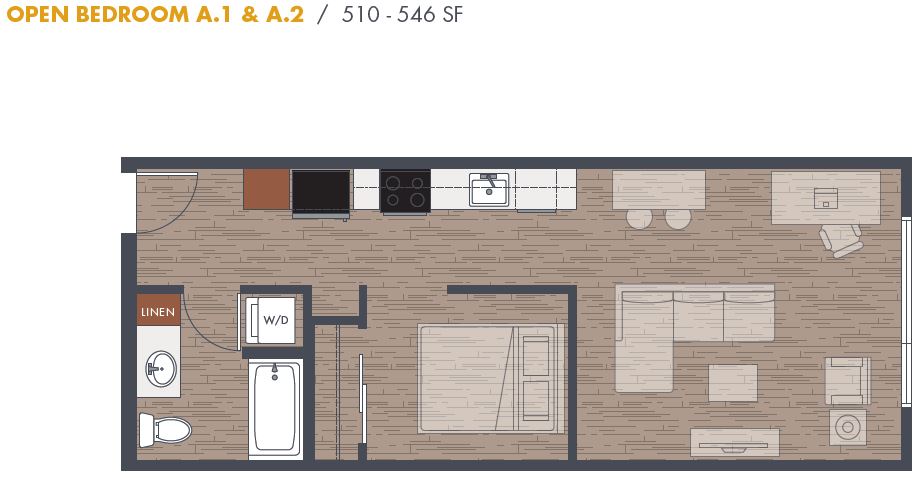 1 Bedroom 1 Bathroom Floor Plan at Metro Line Flats, Seattle, WA, 98122