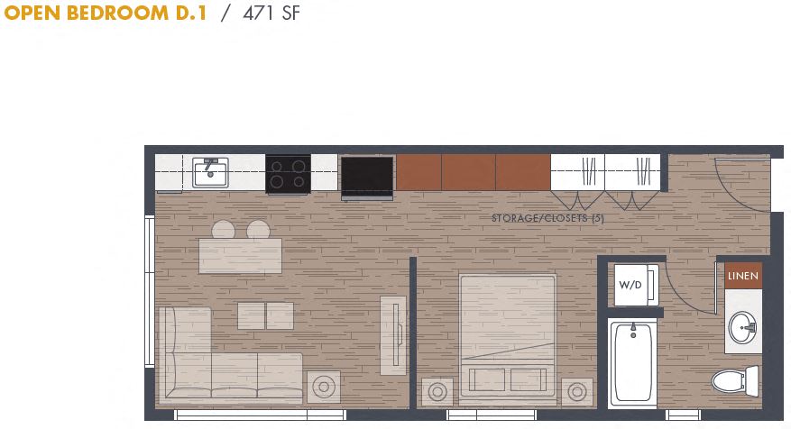 One Bedroom D1 Floor Plan at Metro Line Flats, Seattle