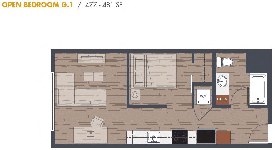 Open bedroom floor plan 477 to 481 square feet at Metroline Flats Apartments, Seattle, WA