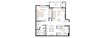 One bedroom floor plan with deck and fireplace at Valley Springs Apartments, Washington