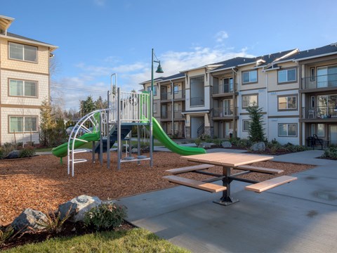 Community playground with green slides and picnic table at Mill Creek Meadows Apartments, Mill Creek, WA 98012