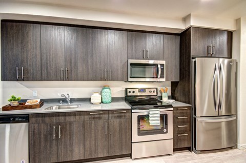A modern kitchen with dark wood cabinets and stainless steel appliances.
