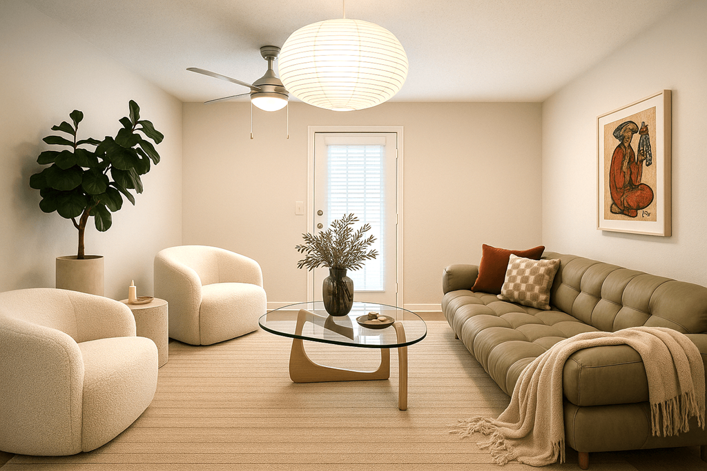 A living room with a sofa, armchairs, and a coffee table.