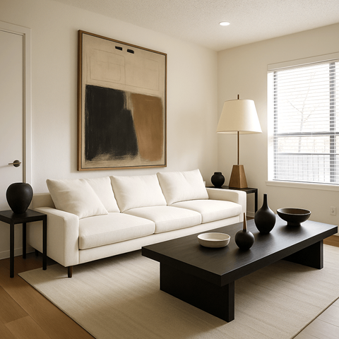A living room with a white couch, a black table, and a painting on the wall.