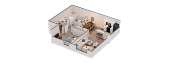 A 3D rendered image of a modern apartment layout.