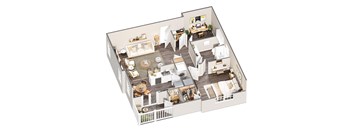 A 3D floor plan of a house with multiple rooms and furniture.