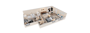 A 3D rendered image of a modern apartment layout.