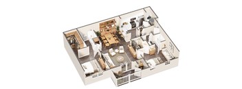 A 3D floor plan of a house with a living room, dining room, kitchen, and bedrooms.