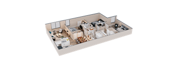 A 3D rendered image of a house layout.