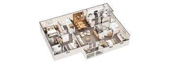 A 3D floor plan of a house with a kitchen, living room, and bedrooms.