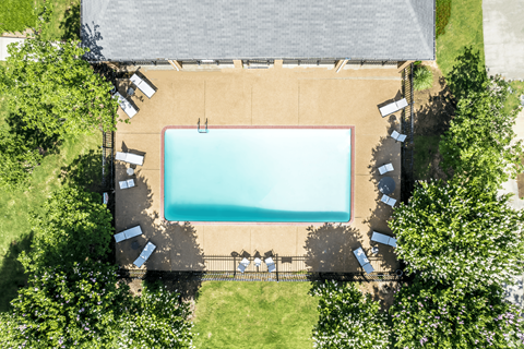 An aerial view of a swimming pool surrounded by trees and a fence.