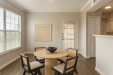 A dining room with a round table and chairs.
