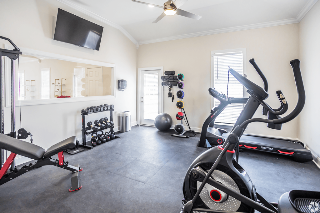 A home gym with a variety of equipment including a treadmill, weights, and a television.