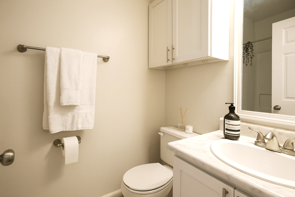 A white toilet sits next to a white sink in a bathroom.