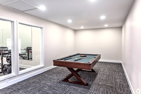 A pool table in a room with a grey carpet.