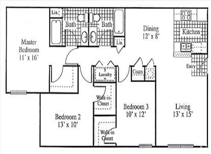 A floor plan of a house with a master bedroom, two additional bedrooms, a living room, a dining area, a kitchen, a laundry room, and two bathrooms.