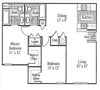 A floor plan of a small apartment with a living room, dining room, kitchen, and two bedrooms.