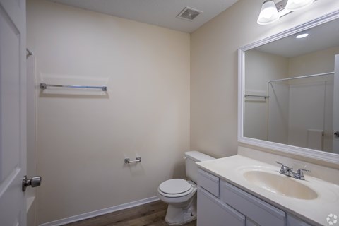 A bathroom with a toilet, sink, and mirror.