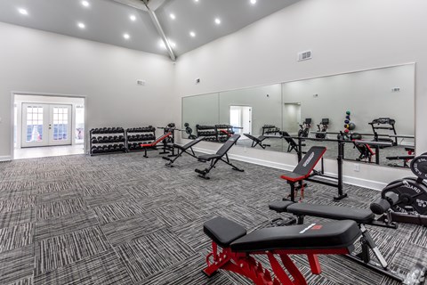 A gym with a variety of equipment including weights and benches.