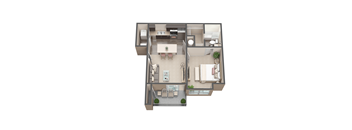A top down view of a house with a living room, dining room, kitchen, and two bedrooms.