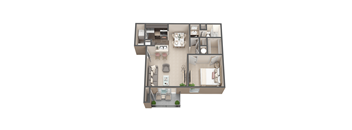 A top down view of a house with a living room, dining room, kitchen, and bathroom.