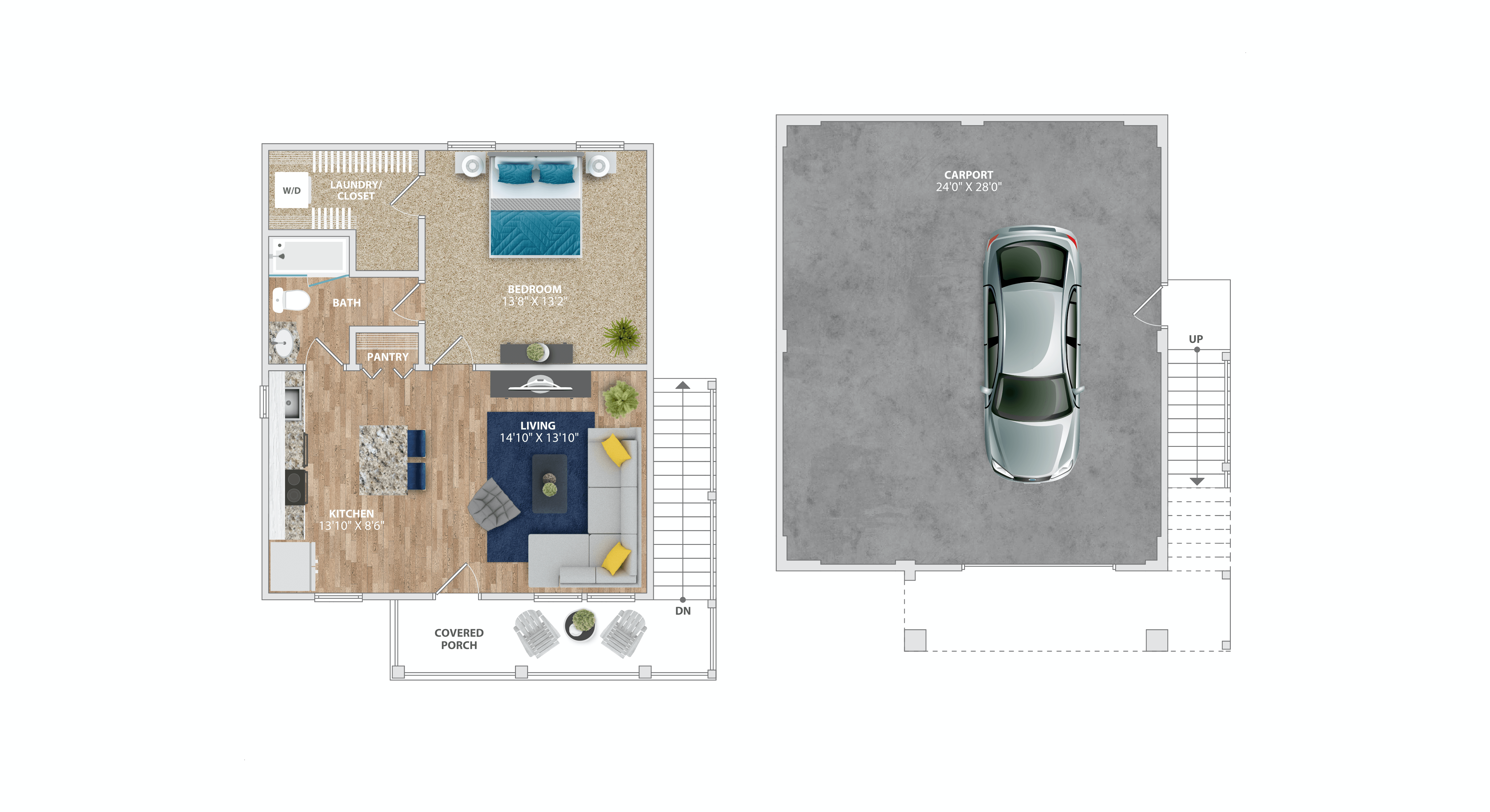 A floor plan of a house with a car parked in the garage.