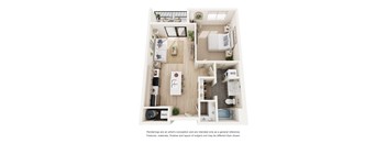 A white floor plan of a small apartment with a kitchen, living room, and bathroom.