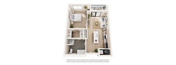 A top-down view of a small apartment with a kitchen, living room, and bathroom.