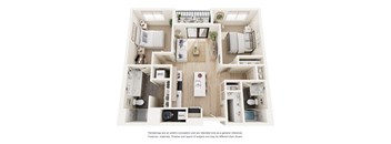 A top-down view of a small apartment with a kitchen, living room, and bedrooms.