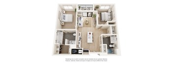 A floor plan of a small apartment with a kitchen, living room, and two bedrooms.