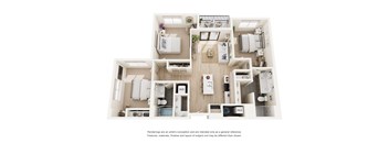 A floor plan of a small apartment with a kitchen, living room, and two bedrooms.
