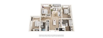 A floor plan of a small apartment with a kitchen, living room, and two bedrooms.