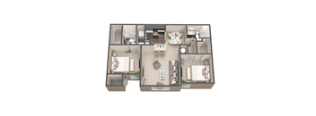 A 3D floor plan of a house with a living room, kitchen, dining room, and bedrooms.